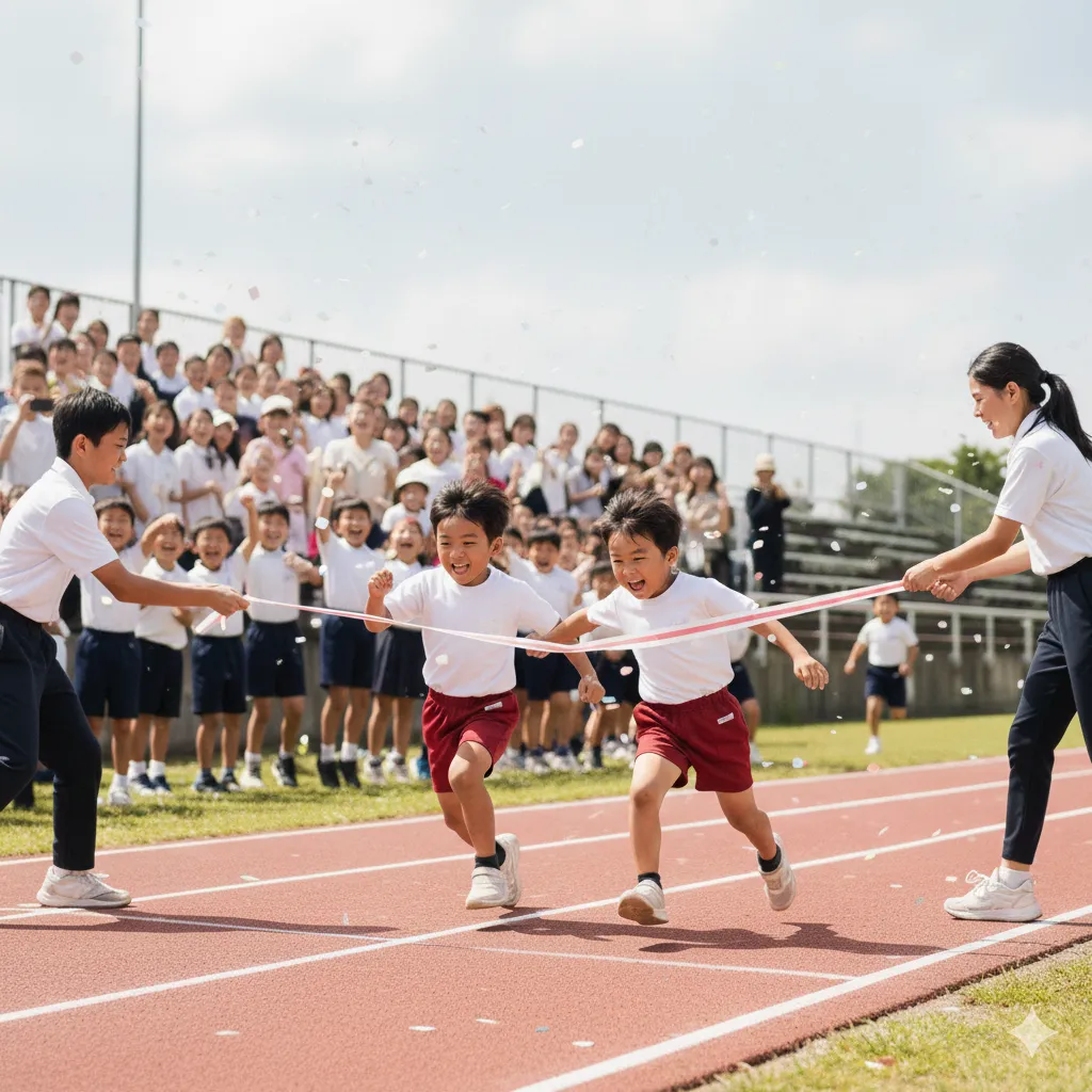 Children crossing the finish line at a school sports day