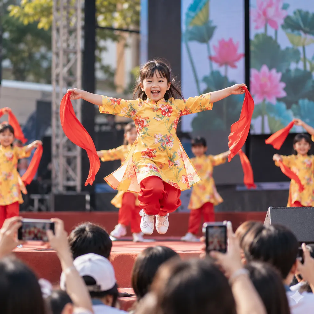 Child dancing on stage at a school talent show